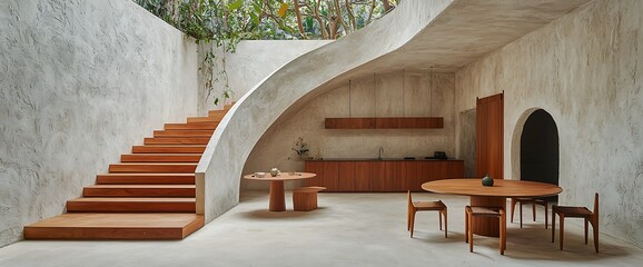 Modern interior with wooden stairs, arched ceiling, kitchen, round tables, and greenery