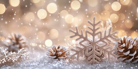 Snowflake and Pine Cones on Soft Snow with Bokeh Background