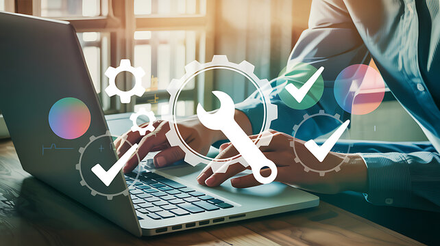 Laptop Technical Support and Maintenance with Engineer Repairing Computer Problem, Gears, Wrench, and Check Mark Icons Displayed