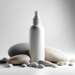 Minimalist Skincare: White Spray Bottle with Smooth Stones
