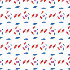 Seamless pattern with red and blue leaves and pink flowers