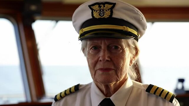 Elderly Female Ship Captain in Uniform on Bridge of Vessel at Sea, Reflecting with Eyes Closed, Exuding Wisdom and Experience in Maritime Navigation