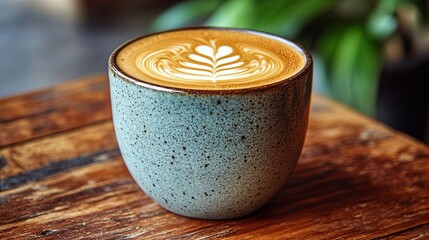 Beautiful latte art in a speckled cup on a rustic wooden table in a cozy cafe environment