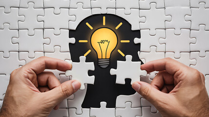 Conceptual Idea Puzzle Pieces Forming Human Head with Light Bulb Idea, Creativity and Problem Solving, Innovation
