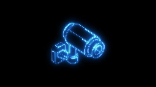 Glowing neon cctv-cameraicon 4k isolated on black background. HD Video motion graphic animation