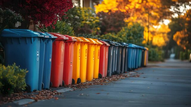 Row of Colorful Recycling Containers Lined Up on Suburban Street