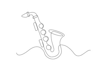 Hand-drawn saxophone one-line art drawing. Saxophone musical instrument continuous outline vector.