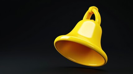 Yellow bell, 3D render, black background, notification icon