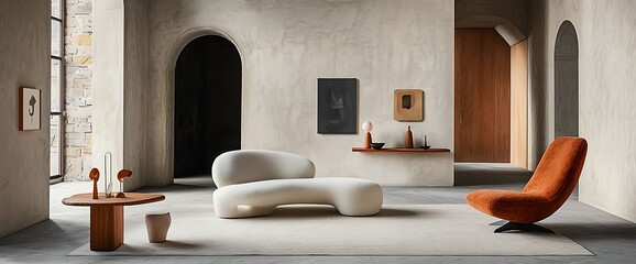 Modern interior with beige walls, curved sofa, orange chair, and minimalist decor