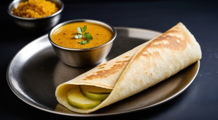 Crispy Indian dosa filled with seasoned potatoes, served alongside bowls of spicy chutney and sambar, presented on a stainless steel plate against a dark background