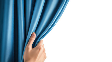 Hand pulling back smooth blue curtain against for themes of discovery and anticipation isolated on transparent background