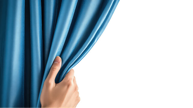 Hand pulling back smooth blue curtain against for themes of discovery and anticipation isolated on transparent background