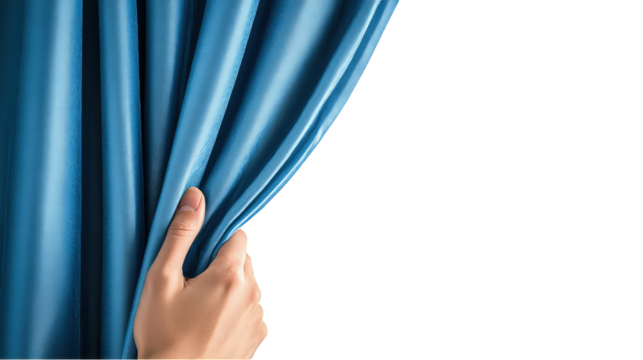 Hand pulling back smooth blue curtain against for themes of discovery and anticipation isolated on transparent background
