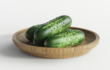 Fresh Green Cucumbers Arranged in a Natural Wooden Bowl