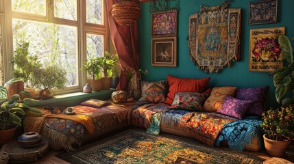 Bohemian haven: a colorful living room filled with diverse patterns and textures