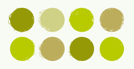 Green round brush strokes. Vector organic shape tags. Hand-drawn texture eco labels, badges. Grungy handmade circular elements. Watercolor farm fresh food emblem backdrop. Circular stamp icon template
