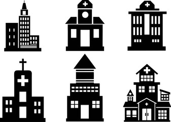 Fototapeta premium Hospital Building Icons: Diverse Designs for Medical Logos & Websites