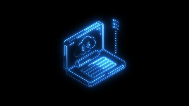 Glowing neon cloud data icon 4k isolated on black background. HD Video motion graphic animation