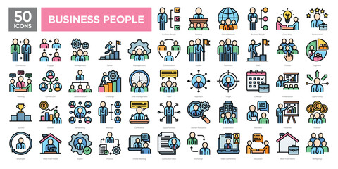 Fototapeta premium Business people icons collection set, covering teamwork, leadership, networking, meetings, and career development. Ideal for corporate materials, HR tools, and professional presentations.