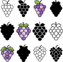 Grape Icons Black, Outline, and Color Versions vector illustration ,  grape icon vector illustration featuring a bunch of purple grapes in a flat modern style on white background