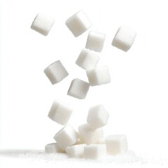 Falling Sugar Cubes in Motion Against a Plain White Background