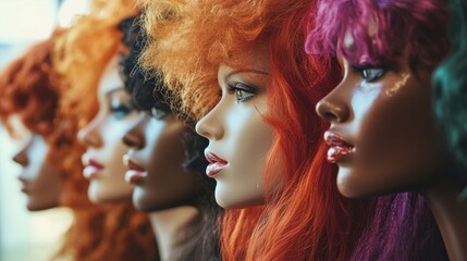 Obraz premium A close-up of multiple mannequins, each with a different wig style, featuring both bold and natural colors, in a well-lit studio showcasing texture and detail.