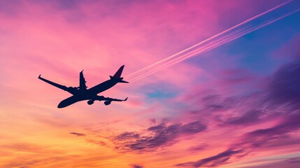 Obraz premium A dramatic sunset sky with the silhouette of an airplane leaving a long contrail that stre