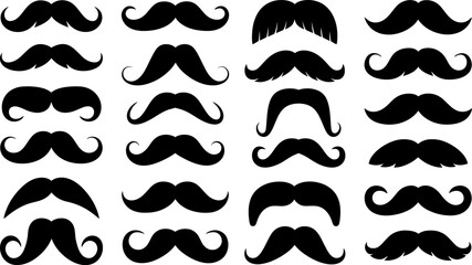 Collection of  various Mustache Silhouettes icon set  on white background, A diverse set of black mustache silhouettes, perfect for logos, icons, or design elements.
