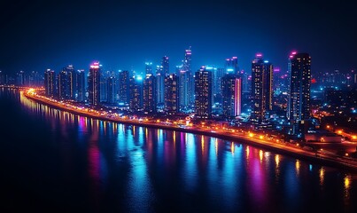 Fototapeta premium Vibrant City Night Lights Reflecting on Water
