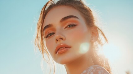 A woman with a light, radiant summer makeup look, featuring a pop of coral blush and soft eyeshadow, against a bright, sunny background.
