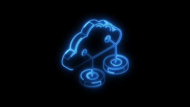 Glowing neon cloud-computing icon 4k, isolated on black background. HD Video motion graphic animation