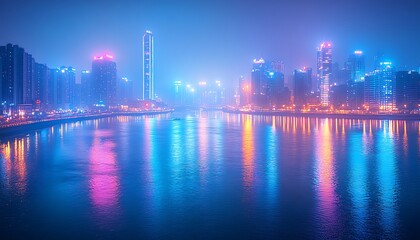 Fototapeta premium Vibrant City Skyline at Night with Water Reflections