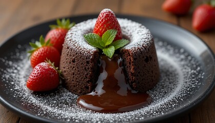 chocolate lava brownie cake with strawberry topping