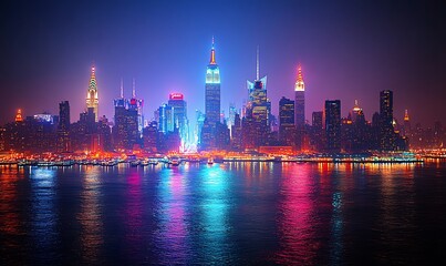 Fototapeta premium Vibrant Night City Skyline with Colorful Lights and Water Reflections