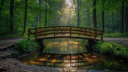 Fototapeta premium Misty forest bridge over tranquil stream