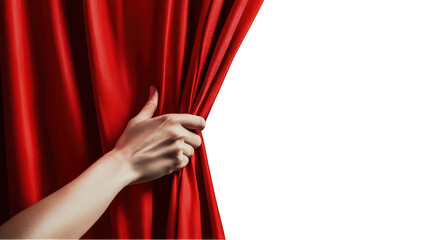 Hand pulling back smooth red curtain against white background for themes of discovery and anticipation isolated on transparent background