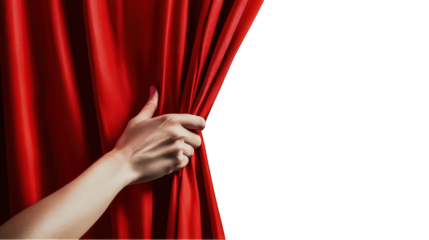 Hand pulling back smooth red curtain against white background for themes of discovery and anticipation isolated on transparent background