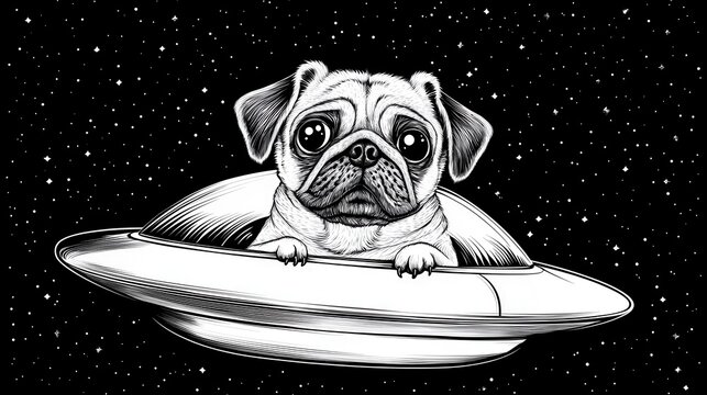 Pug in a Flying Saucer Surrounded by Stars