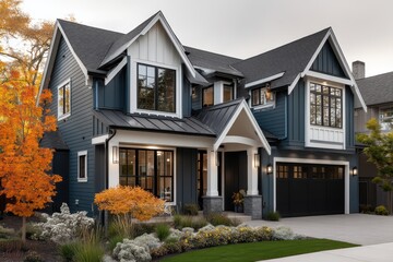 Modern Teal-Toned Residence with Autumn Landscape and Crisp White Trim