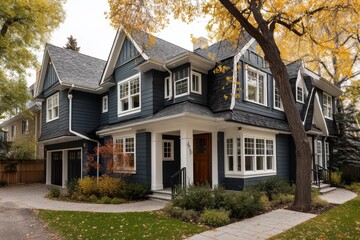 Modern Teal-Toned Residence with Crisp White Trim in Autumn Landscape