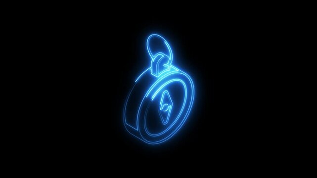 Glowing neon compass icon 4k isolated on black background. HD Video motion graphic animation