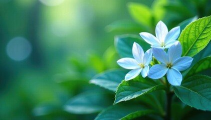 Delicate blue and white blossoms, lush green leaves , illustration, image
