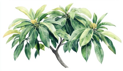 Detailed Botanical Illustration of Green Tropical Leaves and Branch