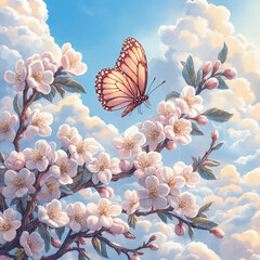 Butterfly soaring above blossoms against a blue sky  