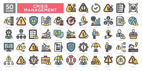 Fototapeta premium Crisis management icons collection set, including risk assessment, communication, recovery, planning, and emergency response. Ideal for business continuity, safety protocols, and strategic planning.