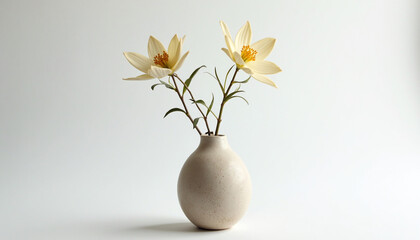A white vase with two white flowers in it. © Wool World