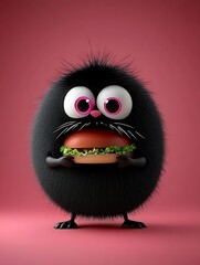 Fototapeta premium Playful Black Fluffy Creature Holding a Hamburger on Pink Background