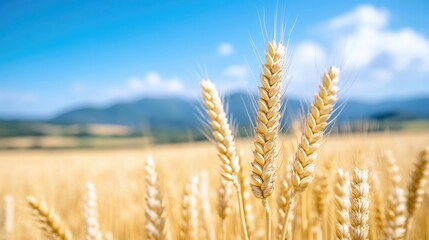 Fototapeta premium Golden wheat stalks swaying gently in a vast field under a clear blue sky, serene summer landscape with distant mountains, and agricultural beauty.