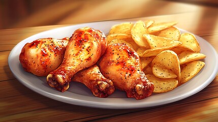 Roasted Chicken Drumsticks and Potato Chips on Wooden Table