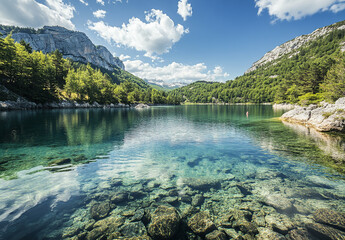 Located at the foot of the Pyrenees Mountains, this lake is a collection of crystal-clear waters, surrounded by rugged mountain peaks and set against a vibrant blue sky.